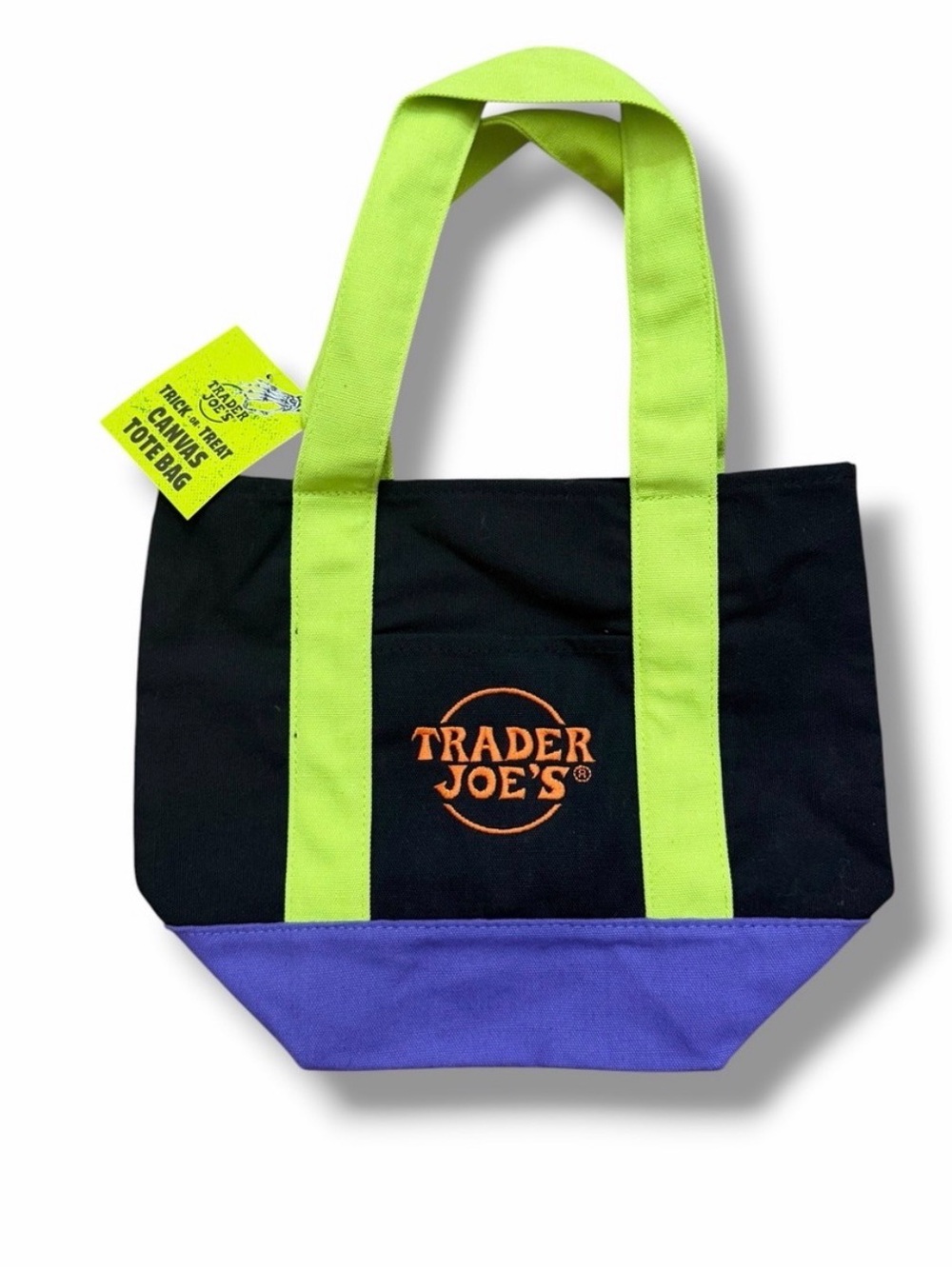 Trader Joe’s, mini canvas tote bag Halloween colors purple, green, and black